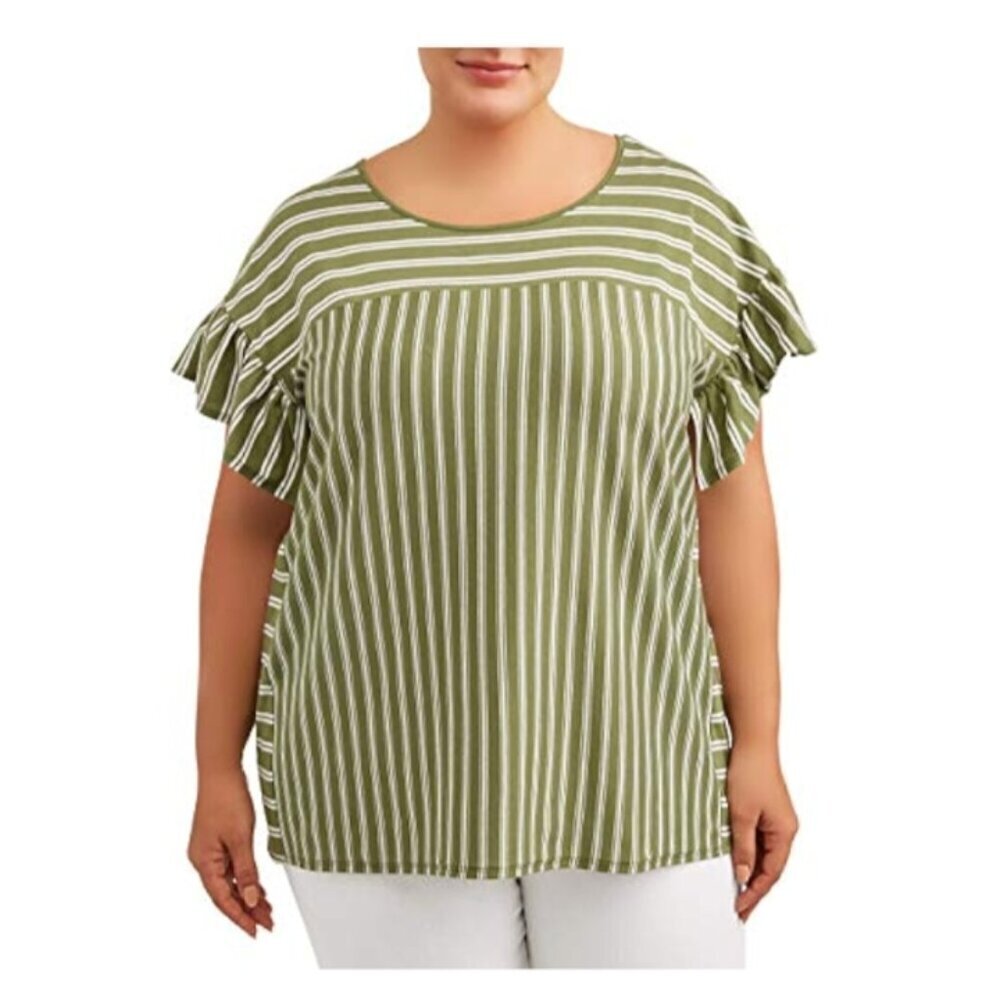 Terra & Sky Women's Size 2X (20W-22W) Green White Stripes Flutter Sleeve Shirt